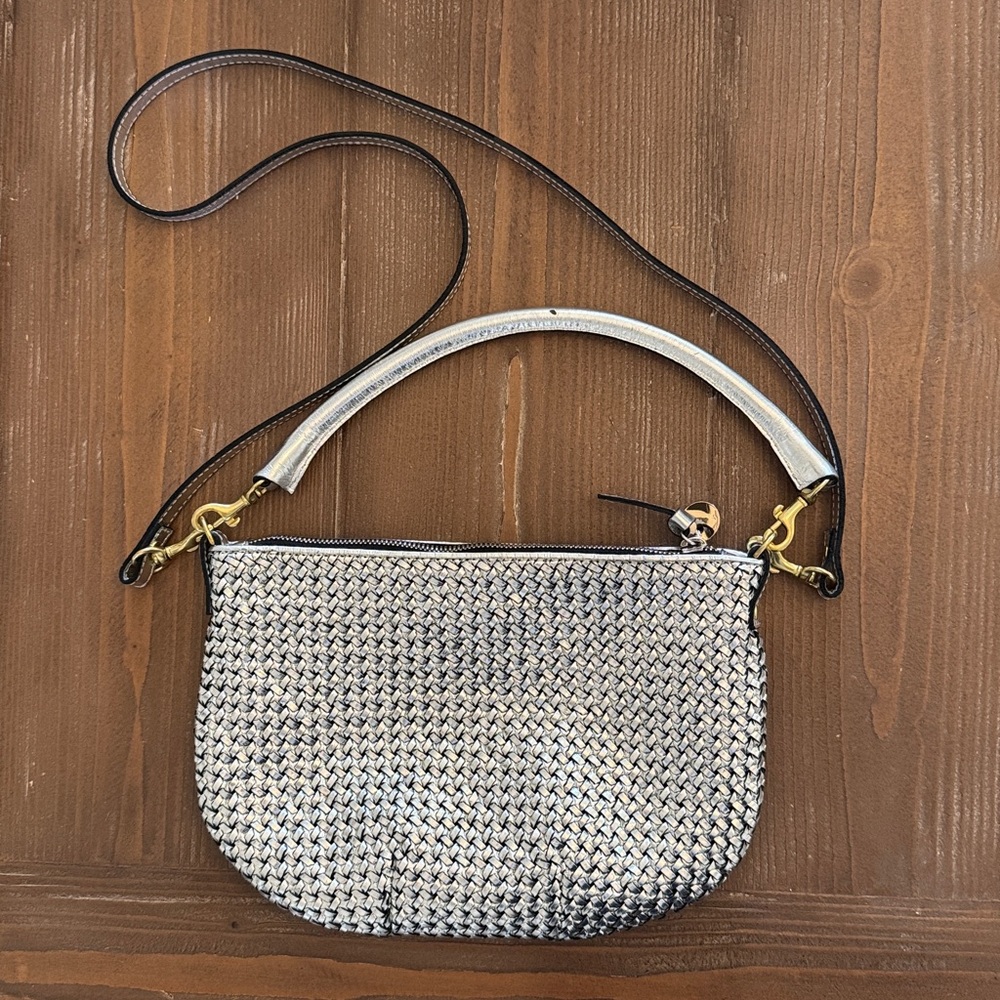 Clare V Petite Moyen Silver Woven Leather Bag
